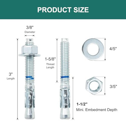 3/8" x 3" Concrete Anchors (200 Pack) 3/8 inch Wedge Anchors Bolts Zinc Plated