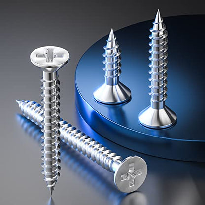 Wensilon (135Pcs) 304 Stainless Steel Wood Screw Quick Metal Self Tapping Flat Head with Drywall Plastic Anchors kit - color: Silver, size: 135pcs screws kit