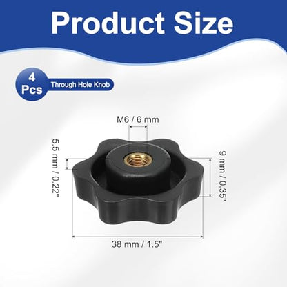 PATIKIL M6 x 38mm Thread Star Knobs, 4 Pcs 6 Star Knurled Tightening Screw Clamping Knob Handle for Umbrella Base Replacement, Black - color: Black, size: 6mm x 38mm