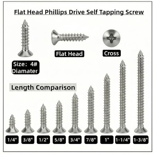 #4 x 5/8 [100 Pack] Flat Head Phillips Drive Self Tapping Screws, Sheet Metal Screws, 304 Stainless Steel (18-8), Corrosion Resistant Screws for Wood, Sheet Metal and More - size: #4 x 5/8
