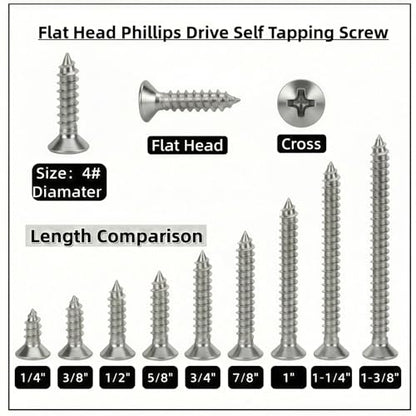 #4 x 3/8 [100 Pack] Flat Head Phillips Drive Self Tapping Screws, Sheet Metal Screws, 304 Stainless Steel (18-8), Corrosion Resistant Screws for Wood, Sheet Metal and More - size: #4 x 3/8