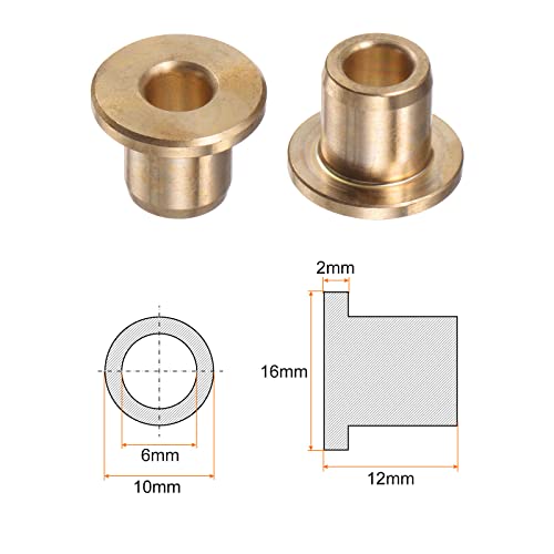 HARFINGTON 2pcs Flange Bearing Sleeve 6mm Bore 10mm OD 12mm Length 2mm Flange Thickness Bronze Bushing Self-Lubricating Bushings Sleeve for Industrial Equipment - size: 6mmx10mmx12mm