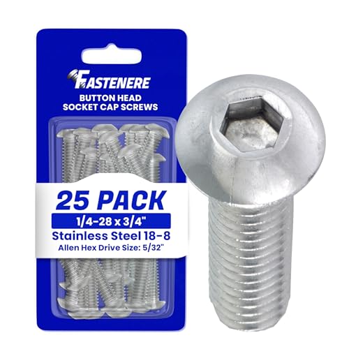 Fastenere Button Head Socket Cap Screws - 1/4-28 x 3/4" (25 Pack) Stainless Steel 18-8, Full Thread, Bright Plain Finish, Corrosion-Resistant, Machine Thread, Easy to Install w/Allen Socket Drive - size: 1/4-28 x 3/4" (25 Pack)
