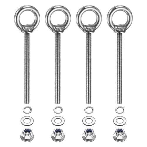PATIKIL M4 x 50mm Shoulder Eye Bolt, 4 Pcs 304 Stainless Steel Lifting Ring Threaded Eye Bolt with Flange Lock Nuts Spring and Flat Washers for Hanging Tie Down Straps Outdoor Indoor - size: M4 x 50mm