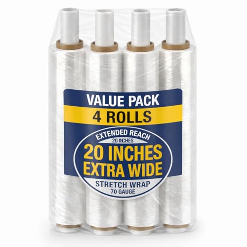 BOX USA Stretch Wrap Extra Wide Stretch Film Roll (4 Rolls) - 20 in Wide & 1000 ft long Clear Plastic Wrap with Handles for Pallet Wrapping Shipping Moving - size: 20" X 1000' (4 Rolls)