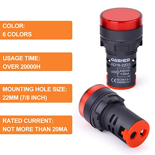 GASHER 12V/24V/110V 20mA Energy Saving Indicator Light Mounting Hole Size 22mm (7/8 Inch) Red Green Yellow (24V) 6 Pcs - style: 24V