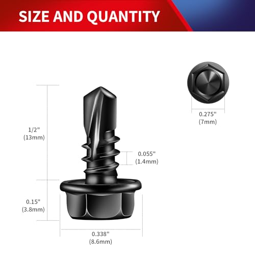 #8 x 1/2" Self Drilling Screws (250Pcs) Hex Washer Head 410 Stainless Steel Self Tapping Screws for Metal Sheet Metal Screws Black Oxide with Hex Socket Included - color: Black, size: #8 x 1/2"