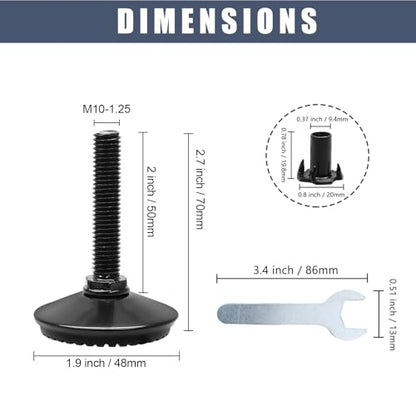 Black M10 Fixed Leveling Feet 8 Pack T-Nuts Wrench Incl - size: M10*50mm, 8Pcs