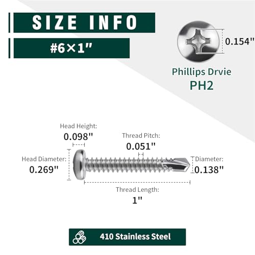 #6 x 1 Pan Head Self Drilling Screws, Phillips Drive, 410 Stainless Steel Sheet Metal Screws,Self Tapping, Dovetail, Pack of 100 - size: #6 x 1"