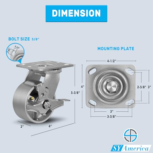 SY America 4" X 2" Cast Iron Caster Wheels,Set of 4 Heavy Duty Industrial Casters, Load Capacity 3200 lbs,Perfect Toolbox Caster Wheels-4 Brake - color: 4 Brake, size: 4" Wheel