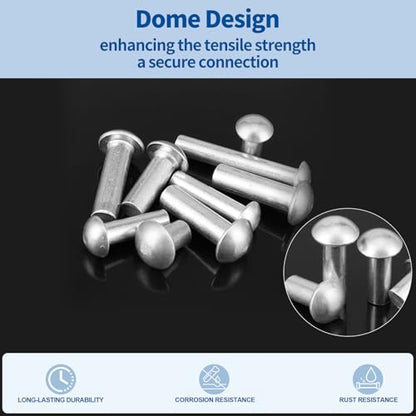 312Pcs M2.5 M3 M4 M5 M6 M8 × 10mm 14mm 20mm 25mm Solid Aluminum Brazier Head Rivets, Round/Dome Head Rivet for Aircraft Trailer Boat Building