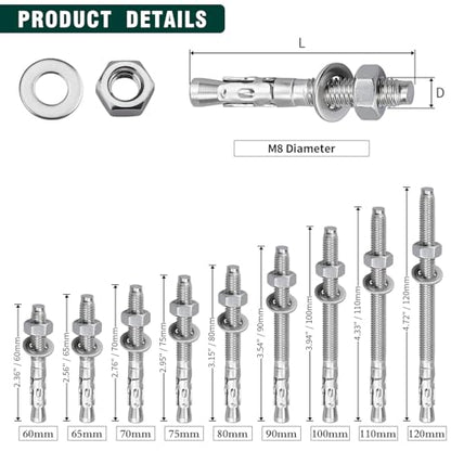 10-Pack M8-1.25 x 70 Wedge Anchors, Stainless Steel 304 (18/8), Concrete Anchor for Heavy-Duty Projects - size: M8-1.25 x 70