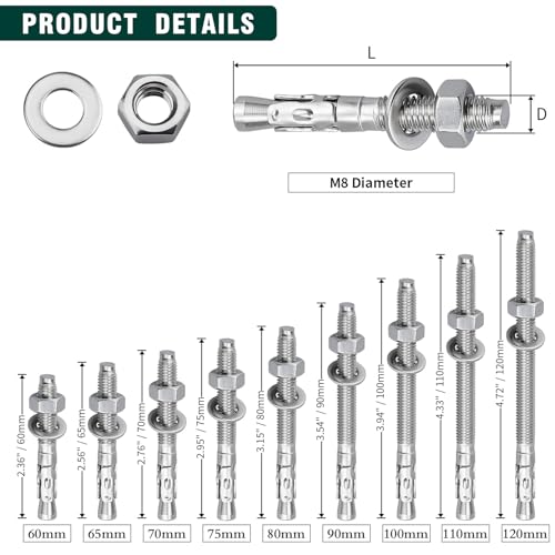 10-Pack M8-1.25 x 90 Wedge Anchors, Stainless Steel 304 (18/8), Concrete Anchor for Heavy-Duty Projects - size: M8-1.25 x 90