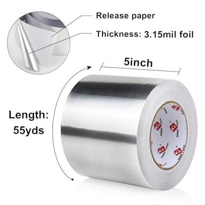 BOMEI PACK Aluminum Foil Tape,Heavy Duty Metal Duct Tape,High Temperature Silver Tape,Perfect for Sealing & Patching,HVAC,Air Ducts,Insulation and Metal Repair (5 Inch x 55 Yards) - size: 5 Inch x 55 Yards