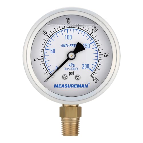 MEASUREMAN 2-1/2 Inch Low Pressure Gauge, 0-30 PSI, Silicone Oil Filled, All-Weather Antifreeze, Stainless Steel Case, 1/4 NPT Lower Mount - size: 0-30 PSI