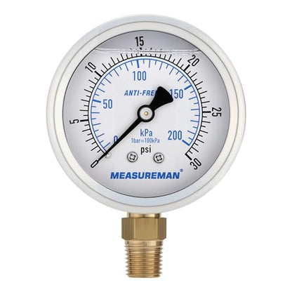 MEASUREMAN 2-1/2 Inch Low Pressure Gauge, 0-30 PSI, Silicone Oil Filled, All-Weather Antifreeze, Stainless Steel Case, 1/4 NPT Lower Mount - size: 0-30 PSI