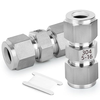 TAISHER 2PCS Forging of 304 Stainless Steel Compression Tube Pipe Fitting Connector(Thread Silver Plated), 5/16" Tube OD x 5/16" Tube OD Straight Adapter - size: 5/16" OD, style: OD x OD
