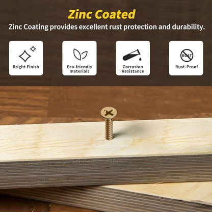 240PCS Wood Screws Assortment Kit, FIXLINK Zinc Coated Flat Head Screws Set - color: Yellow Zinc