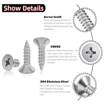 #4 x 3/8 [100 Pack] Flat Head Phillips Drive Self Tapping Screws, Sheet Metal Screws, 304 Stainless Steel (18-8), Corrosion Resistant Screws for Wood, Sheet Metal and More - size: #4 x 3/8