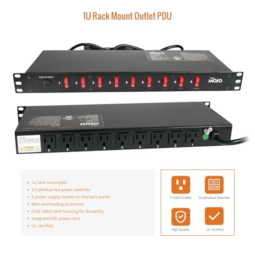 Tecmojo 9-Outlet Rack Mount Overloading Protection Circuit Breaker PDU, with Individual Switch 6ft Cord for IT and Network Racks and Cabinets(SKU# 13110901) - size: 9 Outlets/12A/Overloading Protection