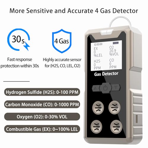Aluminum Alloy Portable 4 Gas Detector, 4 in 1 Multi Gas Monitor Tester，H2S,O2,CO and EX Rechargeable LCD Display Gas Sniffer Alarm，Gas Clip Sound Light Shock Alarm (Grey) - color: Grey
