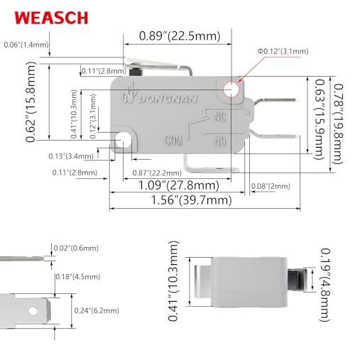 6 Pack Short Hinge Lever Micro Switch, 16A 125/250V SPDT - size: V-151-1C25