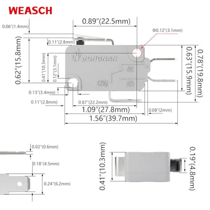 6 Pack Short Hinge Lever Micro Switch, 16A 125/250V SPDT - size: V-151-1C25