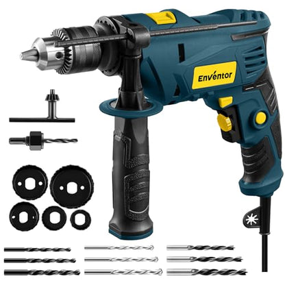 Enventor Hammer Drill with 9 Bits, Variable Speed, 900W, 1/2 in Chuck, Blue