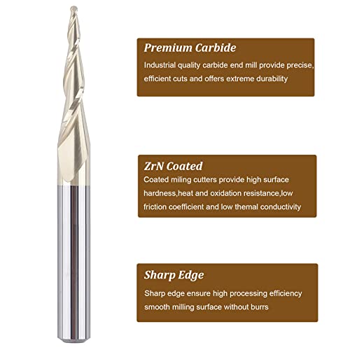 SpeTool Tapered Ball Nose End Mill 1/4" Shank with 1/32" Cutting Radius for 3D Carving Engraving Router Bit, ZrN Coated - size: Dia.=1/16