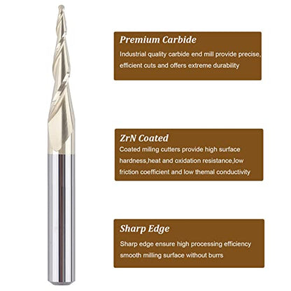 SpeTool Tapered Ball Nose End Mill 1/4" Shank with 1/32" Cutting Radius for 3D Carving Engraving Router Bit, ZrN Coated - size: Dia.=1/16