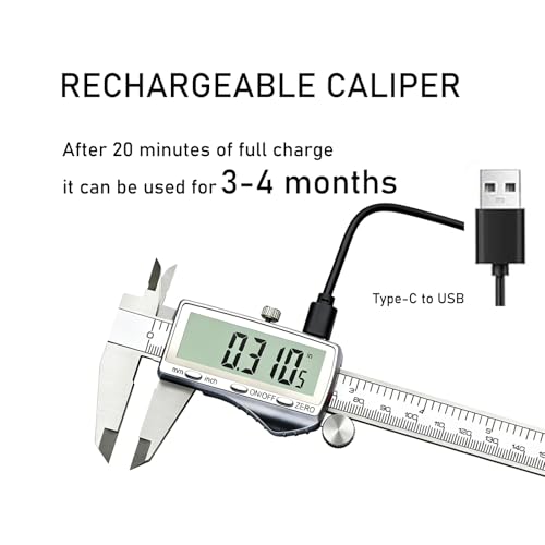 Digital Caliper Measuring Tool, 6 Inch Stainless Steel Vernier Micrometer with Large LCD Screen, USB-C Rechargeable, Inch/MM/Fraction (6 Inch)