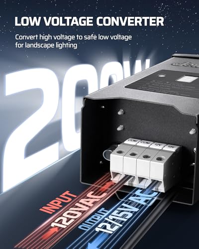 DEWENWILS 200W Weatherproof Low Voltage Landscape Lighting Transformer, 120V to 12/15V AC, Metal Low Voltage Landscape Transformer with Photocell & Timer, Multi Zone Landscape Lighting Transformer - style: metal 200W
