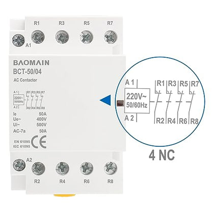 BAOMAIN 220V AC 4-Pole 50A Modular Contactor, 4NC, DIN Rail Mount