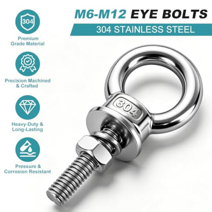 2 Pack M8 Heavy Duty Eye Bolts, 304 Stainless Steel Eye Bolts with Nuts 5/16" x 2", Eye Bolts Heavy Duty for Wood Mounting Indoor Outdoor Hanging - size: M8x51mm(5/16"x2")
