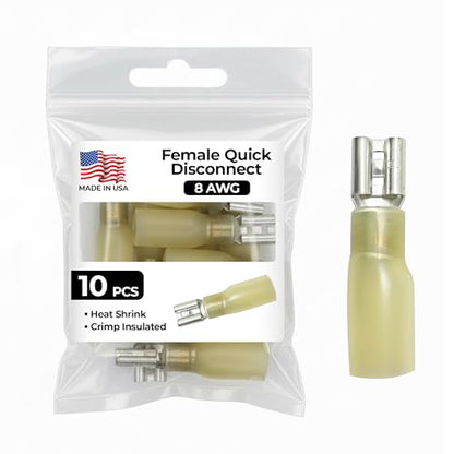10 Pack - Heat Shrink & Crimp Insulated Female Quick Disconnect Compatible with 8 AWG Gauge .250 Tab - Made in USA - color: 8 Gauge, size: Female Heat Shrink .250 Tab
