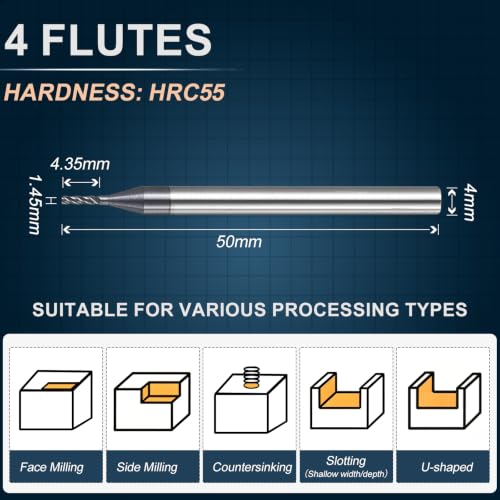1.45mm Carbide End Mill, 4.35mm Cut L, 50mm L, 4mm Shank, Black - color: Black, size: 1.45mm Dia,4.35mm CL,50mm L,4mm Shank
