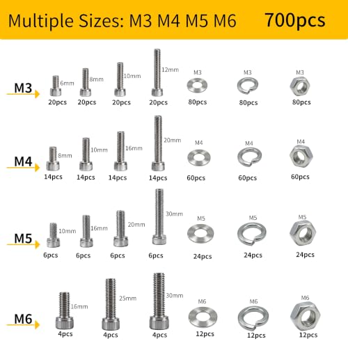 700PCS M3 M4 M5 M6 Screws Assortment Kit 304 Stainless Steel - size: Silver-700PCS M3-M6, style: Socket Head