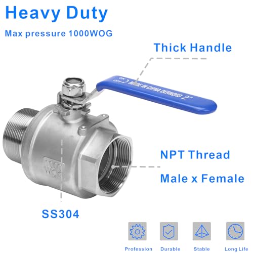 DERNORD Full Port Ball Valve 2 Inch - Male x Female Stainless Steel 304 Heavy Duty for Water, Oil, and Gas,1000WOG (2 Inch NPT) - size: 2 Inch NPT, style: Pack of 1