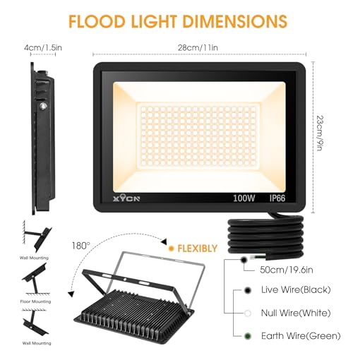 XYCN 2 Pack 100W LED Flood Light,3000K Warm White Outside Flood Light,No Plug,11500LM Super Bright Outdoor Security Lights, IP66 Waterproof Floodlight for Yard,Playground,Garage, Garden, Lawn - size: 100W 3000K LED Flood Light 2pack