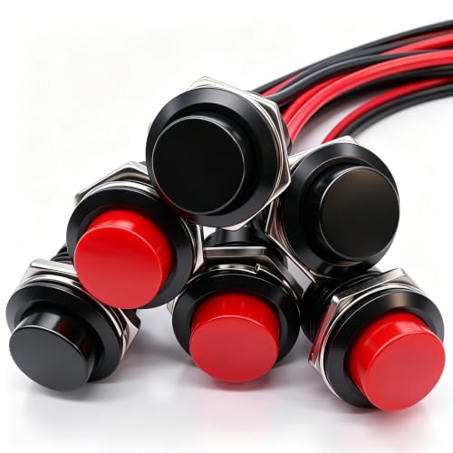 Twidec/6Pcs SPST Momentary Push Button Switch AC250V/3A AC125V/6A Mini Off(ON) ON Black + Red with Pre-soldered Wires R13-507BKR-X - color: Black＆Red-16mm, size: Momentary
