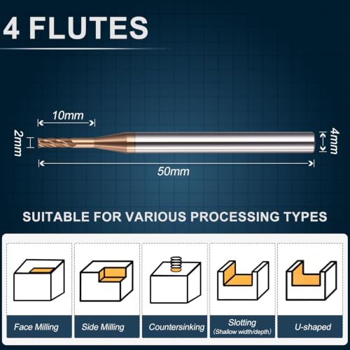 Carbide End Mill 2mm Dia 10mm Cut L 50mm L 4mm Shank 4 Flute - size: 2mm Dia - 10mm CL - 50mm L - 4mm Shank