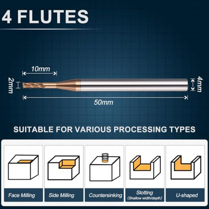 Carbide End Mill 2mm Dia 10mm Cut L 50mm L 4mm Shank 4 Flute - size: 2mm Dia - 10mm CL - 50mm L - 4mm Shank