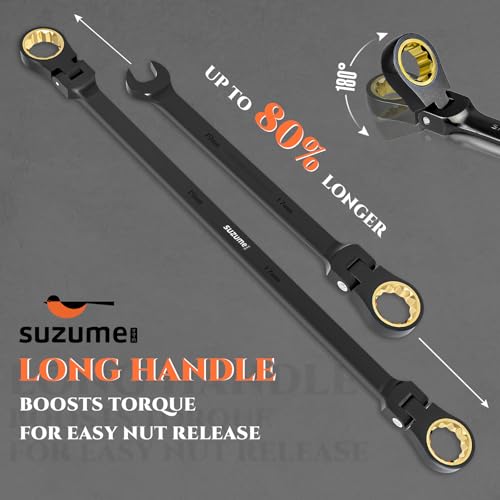 SUZUME Extra Long Flex Head Ratcheting Wrench Set 6PCS Metric (8-19mm) - size: 8-19mm