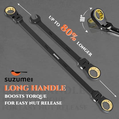 SUZUME Extra Long Flex Head Ratcheting Wrench Set 6PCS Metric (8-19mm) - size: 8-19mm