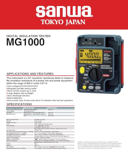 Japan Sanwa MG5000 MG1000 MG500 M53 High-Voltage Digital Insulation Resistance Tester 5000V/1000V/500V/500V Display Megohmmeter Electronic Insulation Testers(MG1000) - size: MG1000