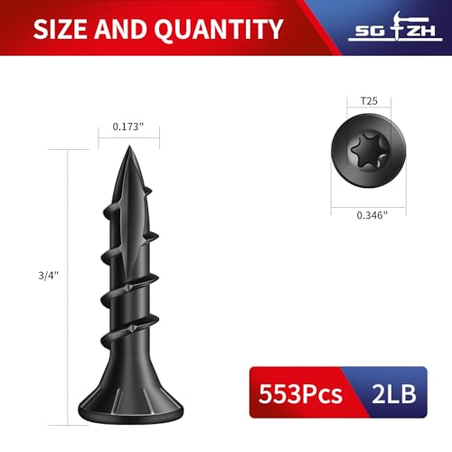 #8 x 3/4" Deck Screws (553Pcs) 2lb. Carbon Steel, Black, Flat Head, Rust Resistant epoxy Coated, with T25 Star Bit - color: Black, size: #8 x 3/4"