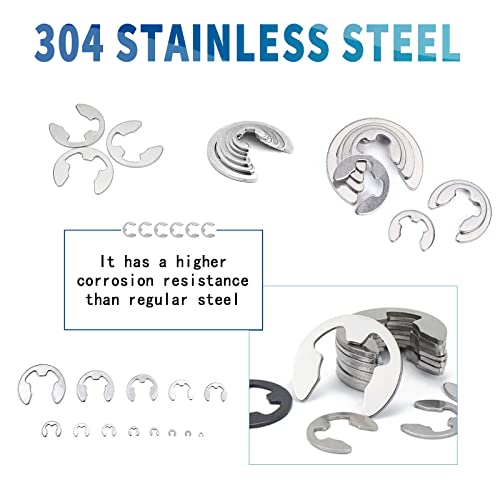 NINDEJIN E-Clip Retaining Rings Assortment Set, 304 Stainless Steel External Snap Ring Clip Kit, 1.2-15mm(13Sizes)E Circlip Retainer Rings for Projects–Car Engines, Locking Mechanisms and Other Shafts - style: E-Clip 304 Stainless Steel