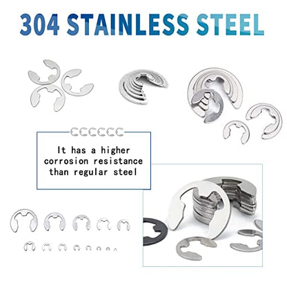 NINDEJIN E-Clip Retaining Rings Assortment Set, 304 Stainless Steel External Snap Ring Clip Kit, 1.2-15mm(13Sizes)E Circlip Retainer Rings for Projects–Car Engines, Locking Mechanisms and Other Shafts - style: E-Clip 304 Stainless Steel