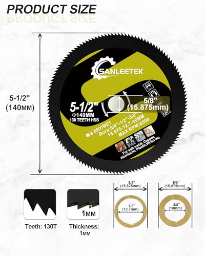 HSS Circular Saw Blade 5-1/2 Inch 130 Tooth SANLEETEK Cutting Plywood, OSB, Paneling, Vinyl Siding, Non-Ferrous Metals, Plastic, Copper, Aluminum with 5/8" Arbor, with 1/2" 3/8" Washer - 4 Pack - size: 5-1/2" 130T