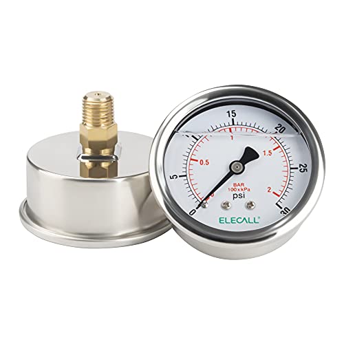 30psi Silicone Oil Filled Pressure Gauge for Water Oil Air Pressure Test in Pool Pump Sand Filter Air Compressor Water System, 2-1/2" Stainless Steel Case, Back Mount 1/4" NPT - size: 0-30 Psi, style: Back Mount